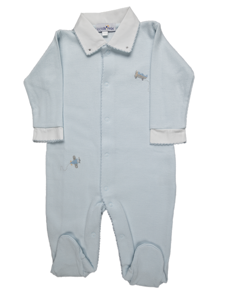 Baby Boy Airplane Open Front Luxury Jacquard Smock Pima Jumpsuit