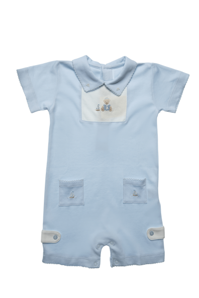 Baby Bear Boy Open Back Double Pocket Basic Collar Pima Romper