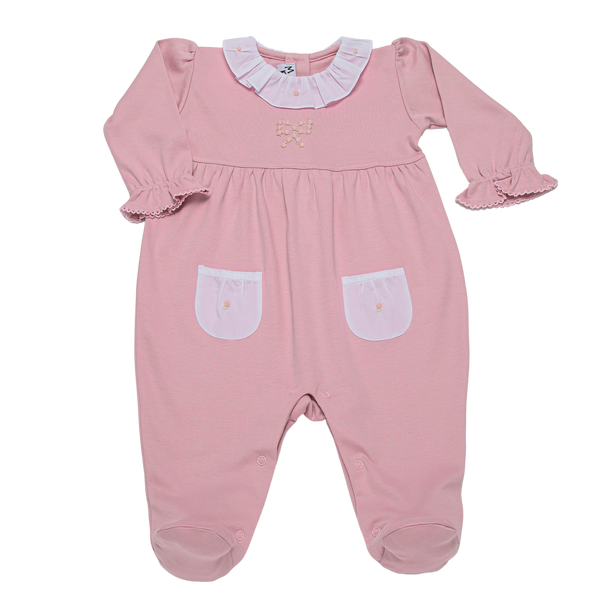 Baby Pink Heart Round Collar Pocket Pima Jumpsuit