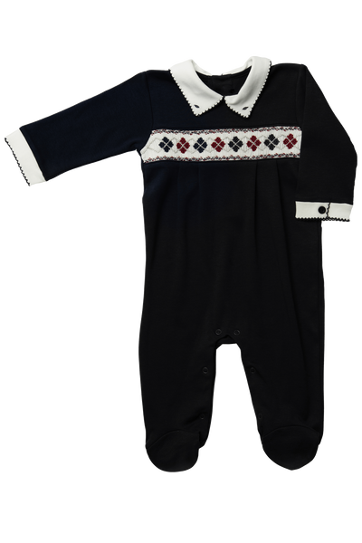 Baby Smock Cream Blue Open Back Basic Collar Pima Jumpsuit